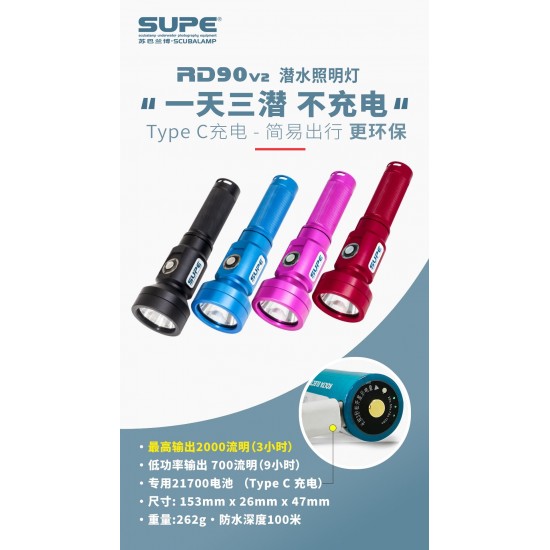 SUPE RD90v2 潜水灯 (2000 流明, 持续 270 分钟, 支援USB Type C充电)