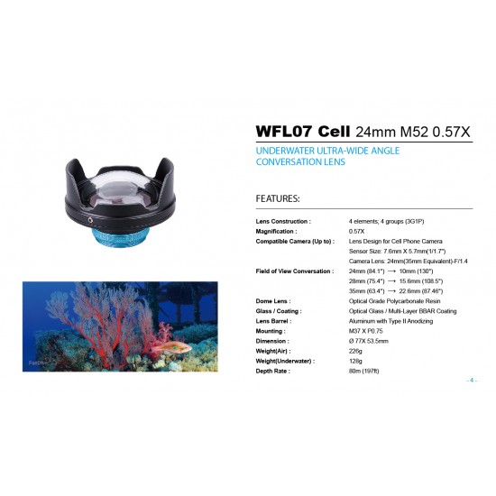 Weefine WFL07 手机相机专用水下广角镜 (M52, 增加0.57倍)